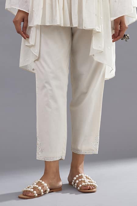Buy_Kora_Off White Cotton Mirrors Round Neck Embroidered Top And Pant Set 