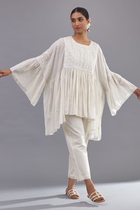 Kora_Off White Cotton Mirrors Round Neck Embroidered Top And Pant Set _Online_at_Aza_Fashions
