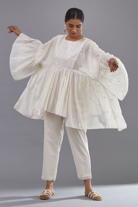 Buy_Kora_Off White Cotton Mirrors Round Neck Embroidered Top And Pant Set _Online_at_Aza_Fashions