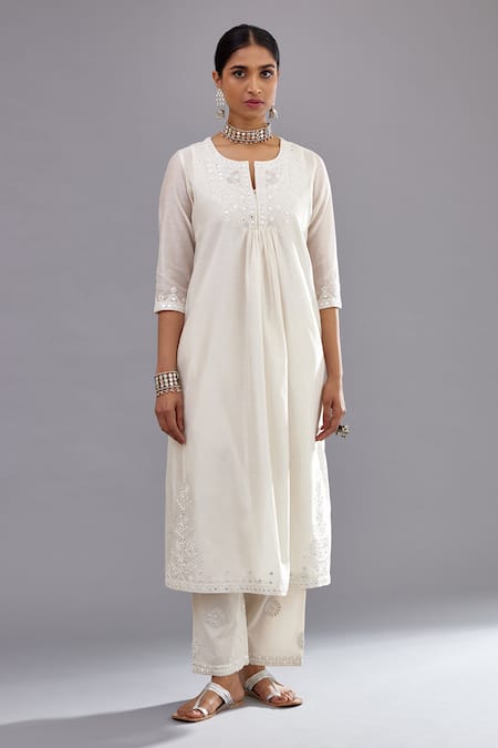 Kora Off White Silk, Cotton, Chanderi Embroidery, Thread Straight Kurta Pant Set Online at Aza Fashions Kora_Off White Silk, Cotton, Chanderi Embroidery, Thread Straight Kurta Pant Set _Online_at_Aza_Fashions