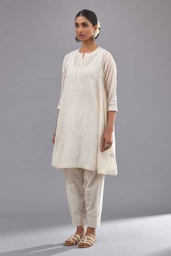 Buy_Kora_Off White Cotton, Chanderi Embroidery, Tassels Split Kalidar Kurta Salwar Set _Online_at_Aza_Fashions
