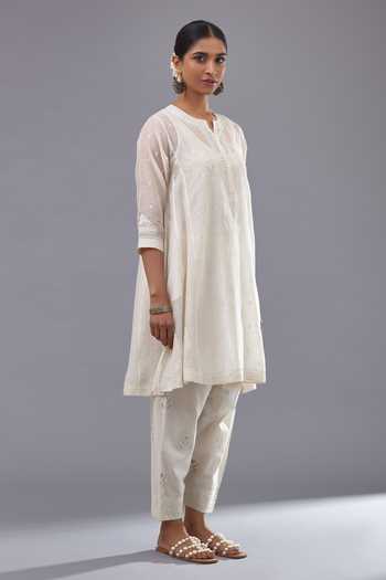 Shop_Kora_Off White Cotton, Chanderi Embroidery, Tassels Split Kalidar Kurta Salwar Set _Online_at_Aza_Fashions