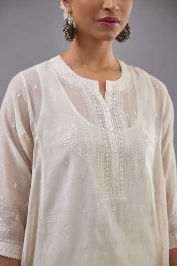 Kora_Off White Cotton, Chanderi Embroidery, Tassels Split Kalidar Kurta Salwar Set _at_Aza_Fashions