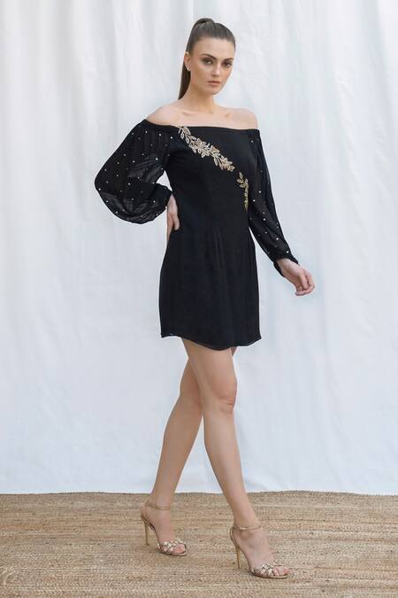 Amrta By Guneet Kondal Black Viscose, Georgette Embroidery, Beads Off-shoulder Floral Off Dress at Aza Fashions Amrta By Guneet Kondal_Black Viscose, Georgette Embroidery, Beads Off-shoulder Floral Off Dress _at_Aza_Fashions