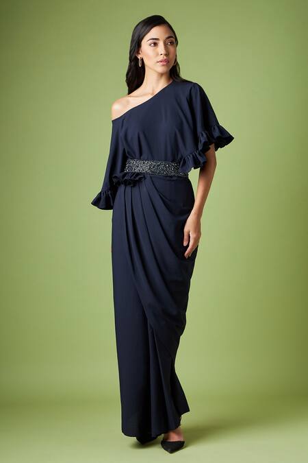 Aakaar_Blue Crystals Drop Shoulder Draped Gown With Belt For Kids_Online_at_Aza_Fashions