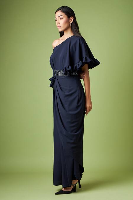 Buy_Aakaar_Blue Crystals Drop Shoulder Draped Gown With Belt For Kids_Online_at_Aza_Fashions