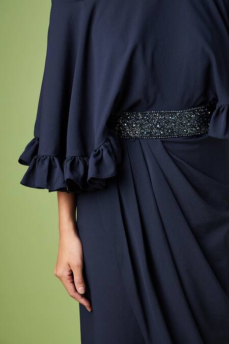 Shop_Aakaar_Blue Crystals Drop Shoulder Draped Gown With Belt For Kids_Online_at_Aza_Fashions