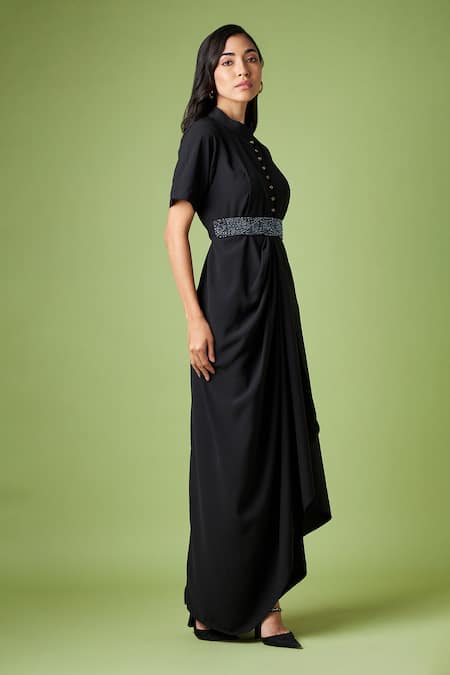 Aakaar_Black Mohair Crystals Mandarin Collar Draped Dress For Kids_Online_at_Aza_Fashions