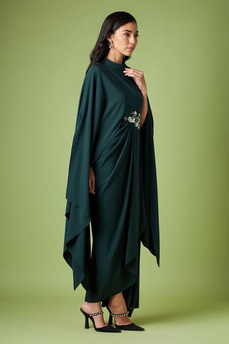 Aakaar Green Modal Sequins, Beads Bandeau Neck Sara Floral Applique Draped Dress Online at Aza Fashions Aakaar_Green Modal Sequins, Beads Bandeau Neck Sara Floral Applique Draped Dress _Online_at_Aza_Fashions