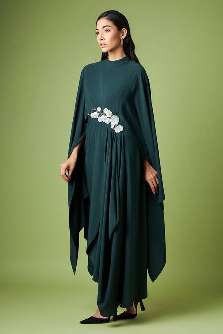 Buy Aakaar Green Modal Sequins, Beads Bandeau Neck Sara Floral Applique Draped Dress Online at Aza Fashions Buy_Aakaar_Green Modal Sequins, Beads Bandeau Neck Sara Floral Applique Draped Dress _Online_at_Aza_Fashions