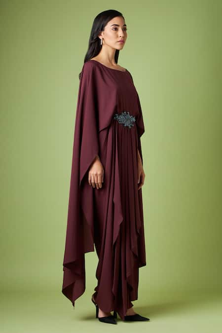 Aakaar_Wine Crepe Crystals Boat Neck Elena Embellished Draped Gown _Online_at_Aza_Fashions
