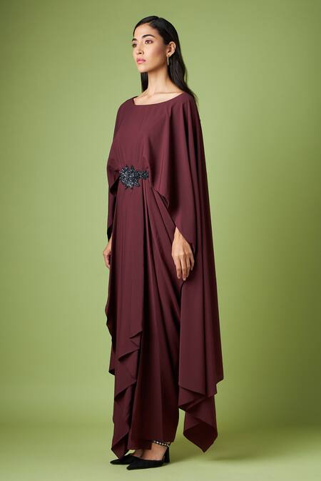 Buy_Aakaar_Wine Crepe Crystals Boat Neck Elena Embellished Draped Gown _Online_at_Aza_Fashions
