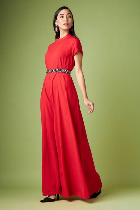Aakaar_Red Modal Crystals Mandarin Collar Martha Flared Jumpsuit With Belt _Online_at_Aza_Fashions