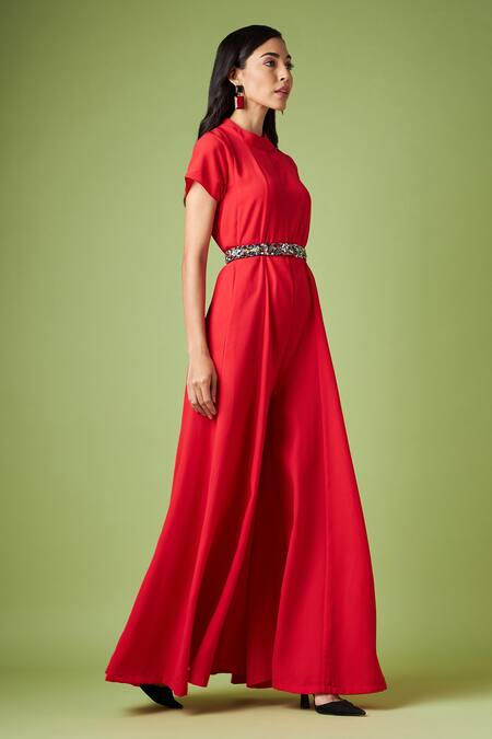 Buy_Aakaar_Red Modal Crystals Mandarin Collar Martha Flared Jumpsuit With Belt _Online_at_Aza_Fashions