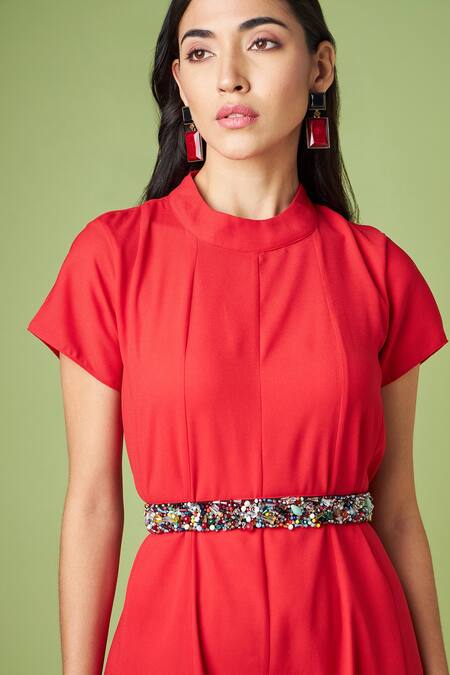 Shop_Aakaar_Red Modal Crystals Mandarin Collar Martha Flared Jumpsuit With Belt _Online_at_Aza_Fashions