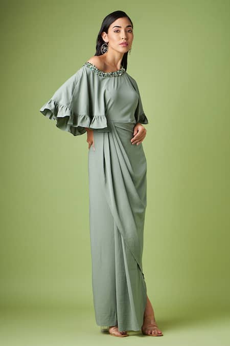 Buy_Aakaar_Grey Modal Crystals One Shoulder Neck Draped Gown _Online_at_Aza_Fashions
