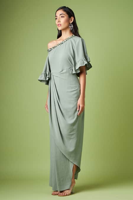 Shop_Aakaar_Grey Modal Crystals One Shoulder Neck Draped Gown _Online_at_Aza_Fashions