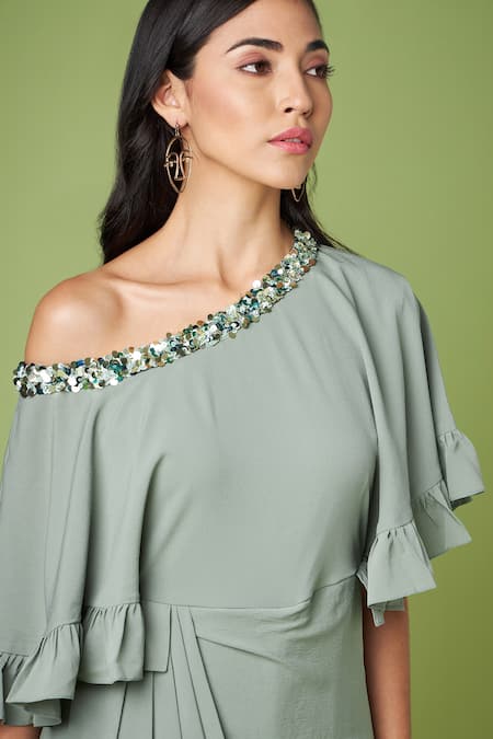 Aakaar_Grey Modal Crystals One Shoulder Neck Draped Gown _at_Aza_Fashions