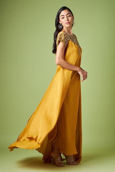 Aakaar_Yellow Silk Sequins, Cut Work Boat Neck Yoke Embellished Maxi Dress _Online_at_Aza_Fashions