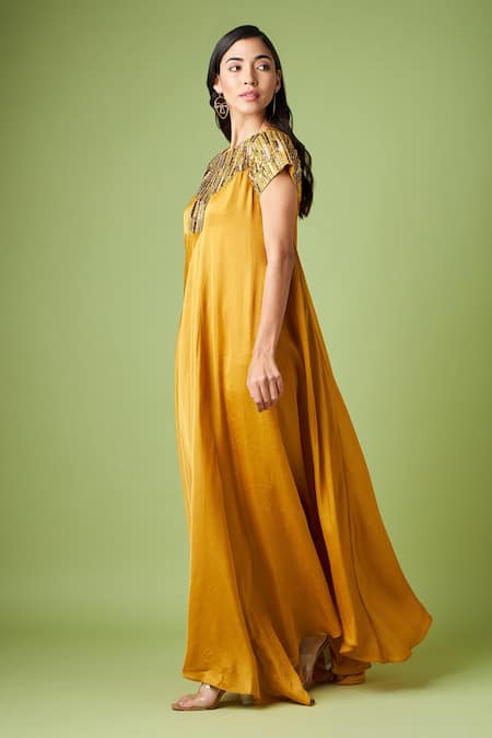 Buy_Aakaar_Yellow Silk Sequins, Cut Work Boat Neck Yoke Embellished Maxi Dress _Online_at_Aza_Fashions