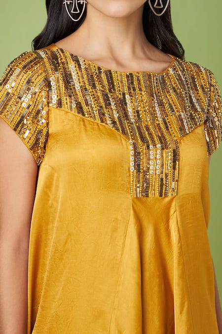 Shop_Aakaar_Yellow Silk Sequins, Cut Work Boat Neck Yoke Embellished Maxi Dress _Online_at_Aza_Fashions