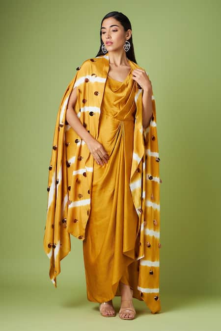 Aakaar Yellow Sequins Round Neck Draped Dress With Tie Dye Cape Online at Aza Fashions Aakaar_Yellow Sequins Round Neck Draped Dress With Tie Dye Cape _Online_at_Aza_Fashions