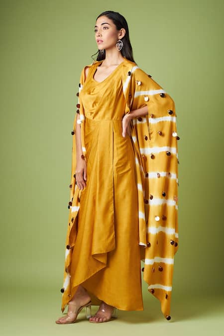 Buy Aakaar Yellow Sequins Round Neck Draped Dress With Tie Dye Cape Online at Aza Fashions Buy_Aakaar_Yellow Sequins Round Neck Draped Dress With Tie Dye Cape _Online_at_Aza_Fashions