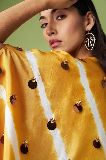 Shop Aakaar Yellow Sequins Round Neck Draped Dress With Tie Dye Cape Online at Aza Fashions Shop_Aakaar_Yellow Sequins Round Neck Draped Dress With Tie Dye Cape _Online_at_Aza_Fashions