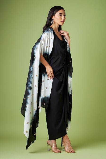 Aakaar_Black Modal, Cotton Sequins Draped Dress With Embellished Cape For Kids_Online_at_Aza_Fashions