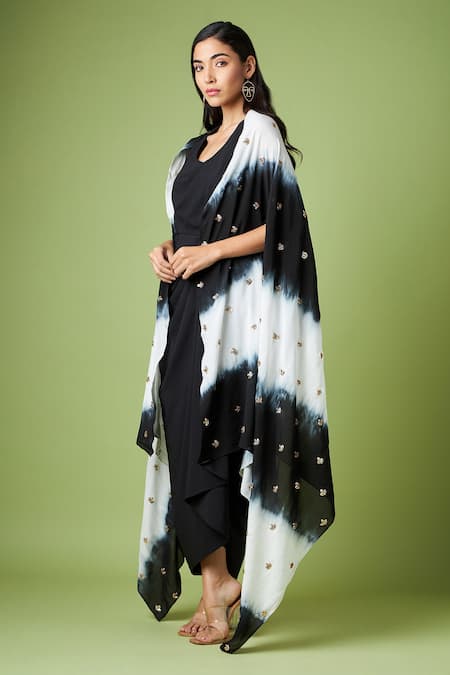 Buy_Aakaar_Black Modal, Cotton Sequins Draped Dress With Embellished Cape For Kids_Online_at_Aza_Fashions