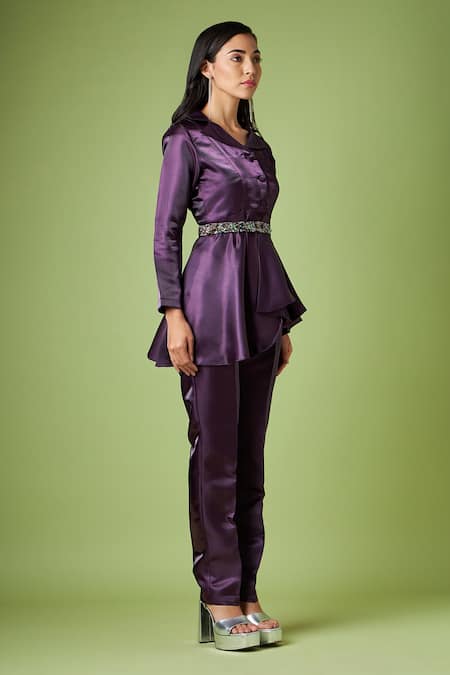 Aakaar Purple Crystals Collared Metallic Peplum Top Pant Set With Belt Online at Aza Fashions Aakaar_Purple Crystals Collared Metallic Peplum Top Pant Set With Belt _Online_at_Aza_Fashions