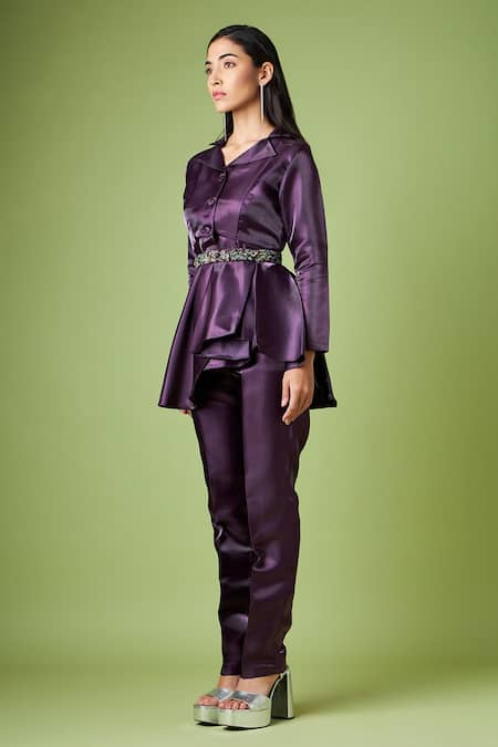 Buy Aakaar Purple Crystals Collared Metallic Peplum Top Pant Set With Belt Online at Aza Fashions Buy_Aakaar_Purple Crystals Collared Metallic Peplum Top Pant Set With Belt _Online_at_Aza_Fashions
