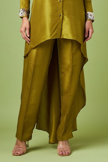 Aakaar_Green Silk Sequins Shawl Neck Asymmetric Tunic And Pant Set_at_Aza_Fashions