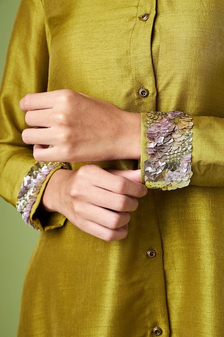 Shop_Aakaar_Green Silk Sequins Shawl Neck Asymmetric Tunic And Pant Set_Online_at_Aza_Fashions