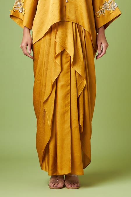 Aakaar_Yellow Silk Sequins, Beads Mandarin Collar Embellished Kaftan And Draped Skirt Set _Online_at_Aza_Fashions
