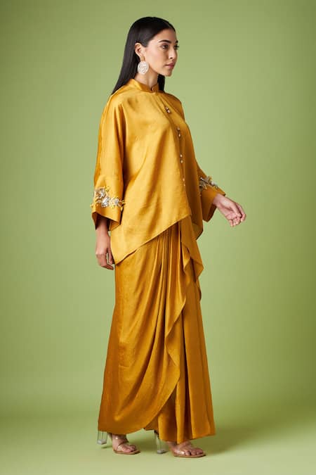 Buy_Aakaar_Yellow Silk Sequins, Beads Mandarin Collar Embellished Kaftan And Draped Skirt Set _Online_at_Aza_Fashions