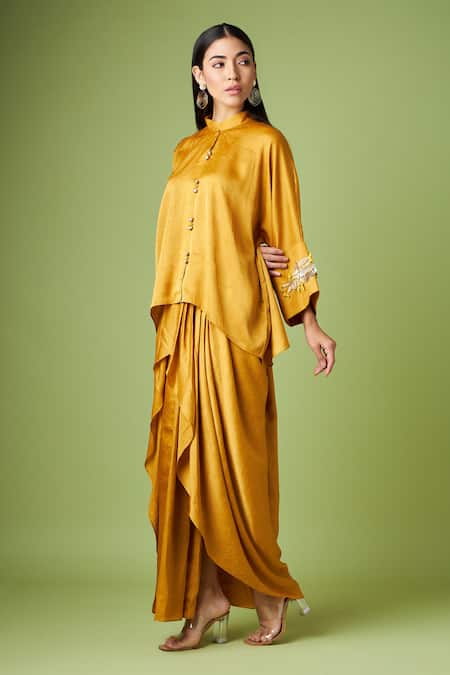 Shop_Aakaar_Yellow Silk Sequins, Beads Mandarin Collar Embellished Kaftan And Draped Skirt Set _Online_at_Aza_Fashions