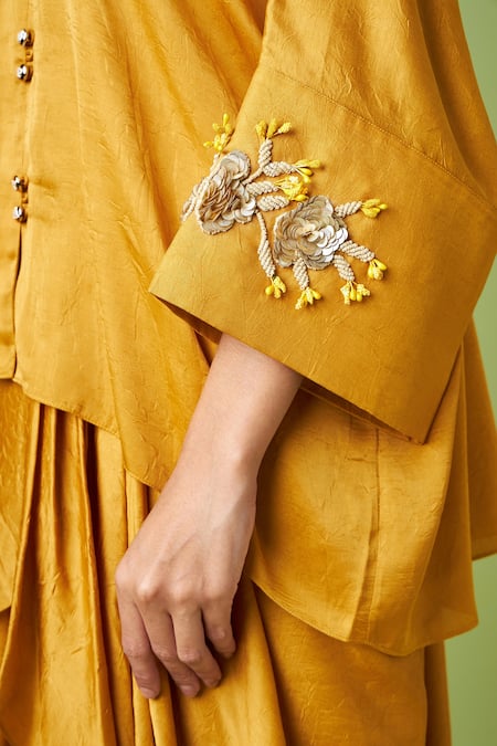 Aakaar_Yellow Silk Sequins, Beads Mandarin Collar Embellished Kaftan And Draped Skirt Set _at_Aza_Fashions