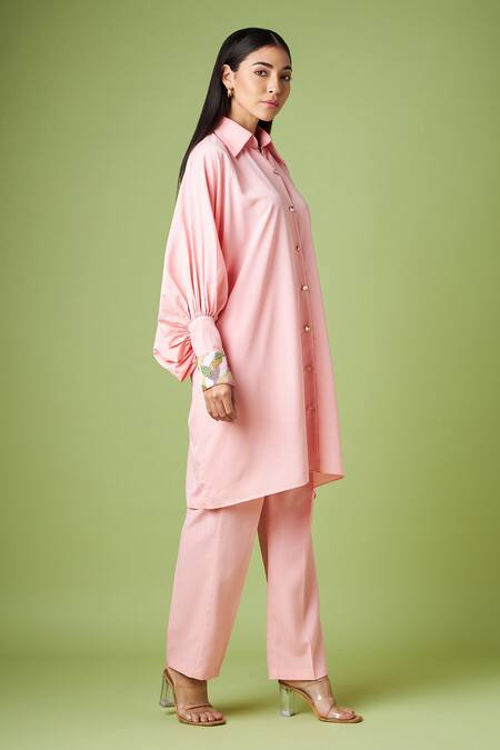 Buy_Aakaar_Pink Modal Sequins Shawl Neck Balloon Sleeve Kaftan And Pant Set_Online_at_Aza_Fashions