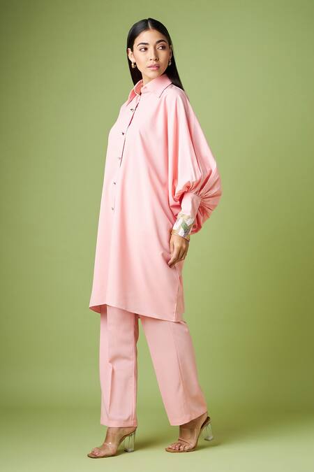 Shop_Aakaar_Pink Modal Sequins Shawl Neck Balloon Sleeve Kaftan And Pant Set_Online_at_Aza_Fashions