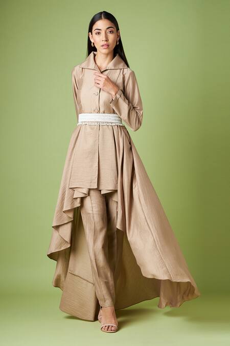 Aakaar_Beige Cotton Satin, Cotton, Silk Pearls, Tassels Draped Tunic And Pant Set _Online_at_Aza_Fashions