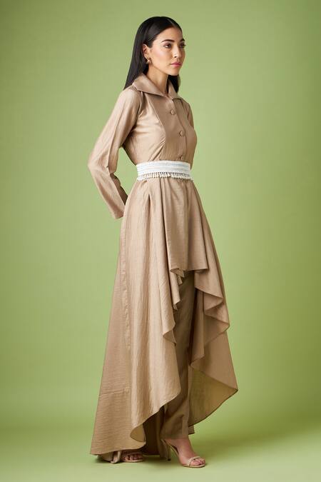 Buy_Aakaar_Beige Cotton Satin, Cotton, Silk Pearls, Tassels Draped Tunic And Pant Set _Online_at_Aza_Fashions