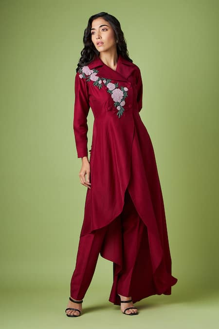 Aakaar Maroon Cotton, Silk Beads Floral Embellished Blazer And Pant Set Online at Aza Fashions Aakaar_Maroon Cotton, Silk Beads Floral Embellished Blazer And Pant Set _Online_at_Aza_Fashions