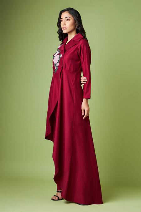 Buy Aakaar Maroon Cotton, Silk Beads Floral Embellished Blazer And Pant Set Online at Aza Fashions Buy_Aakaar_Maroon Cotton, Silk Beads Floral Embellished Blazer And Pant Set _Online_at_Aza_Fashions