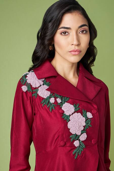 Shop Aakaar Maroon Cotton, Silk Beads Floral Embellished Blazer And Pant Set Online at Aza Fashions Shop_Aakaar_Maroon Cotton, Silk Beads Floral Embellished Blazer And Pant Set _Online_at_Aza_Fashions