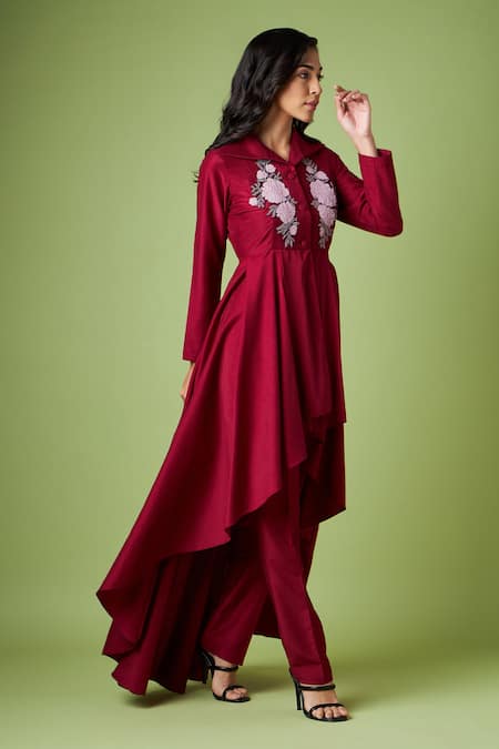 Aakaar_Maroon Cotton, Silk Beads Shawl Neck Blazer Tunic And Pant Set _Online_at_Aza_Fashions