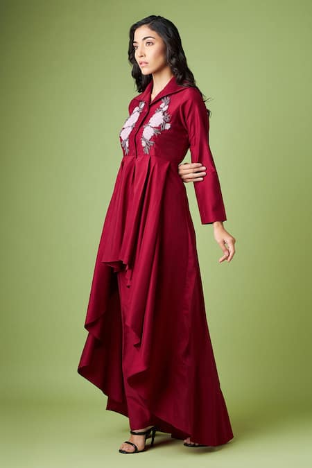 Buy_Aakaar_Maroon Cotton, Silk Beads Shawl Neck Blazer Tunic And Pant Set _Online_at_Aza_Fashions