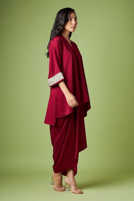 Aakaar_Maroon Cotton, Silk Sequins V-neck Embellished Tunic And Draped Skirt Set _Online_at_Aza_Fashions