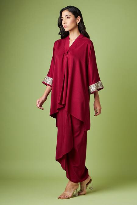 Buy_Aakaar_Maroon Cotton, Silk Sequins V-neck Embellished Tunic And Draped Skirt Set _Online_at_Aza_Fashions