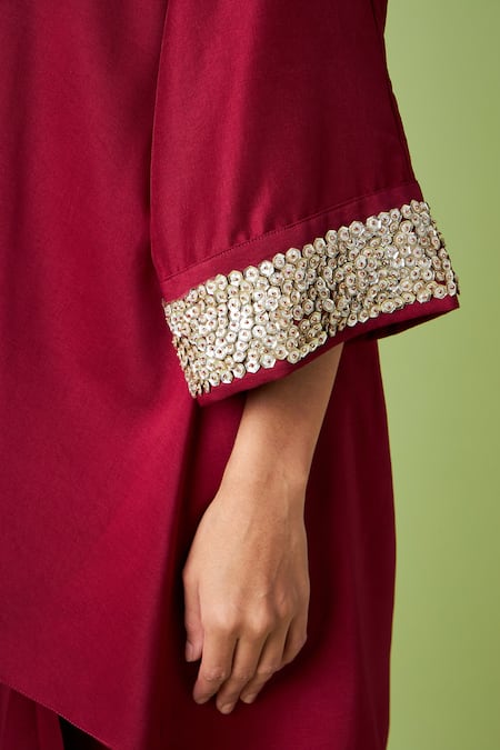 Shop_Aakaar_Maroon Cotton, Silk Sequins V-neck Embellished Tunic And Draped Skirt Set _Online_at_Aza_Fashions